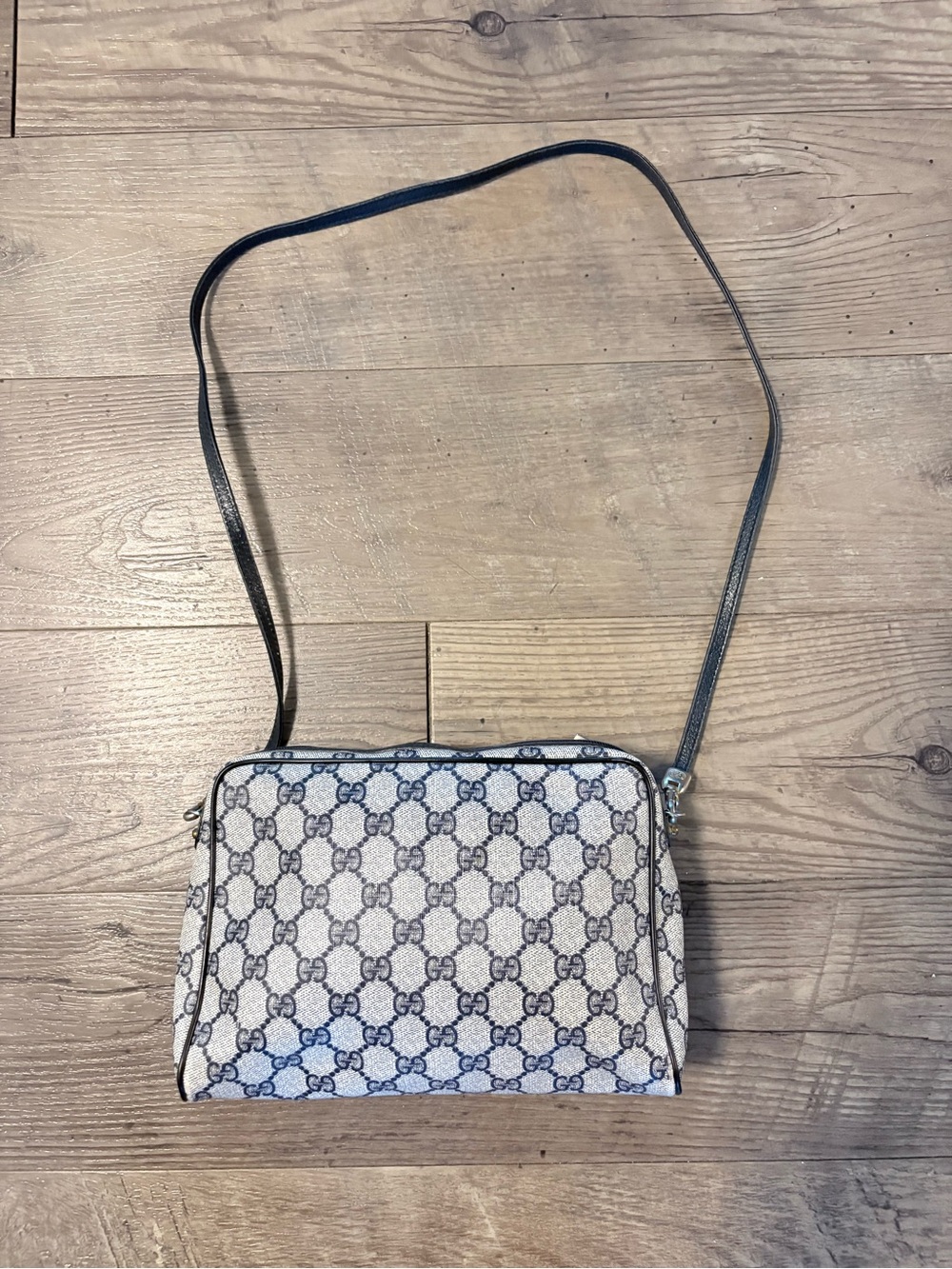 Gucci Blue GG Canvas Crossbody Bag with Black Leather Strap